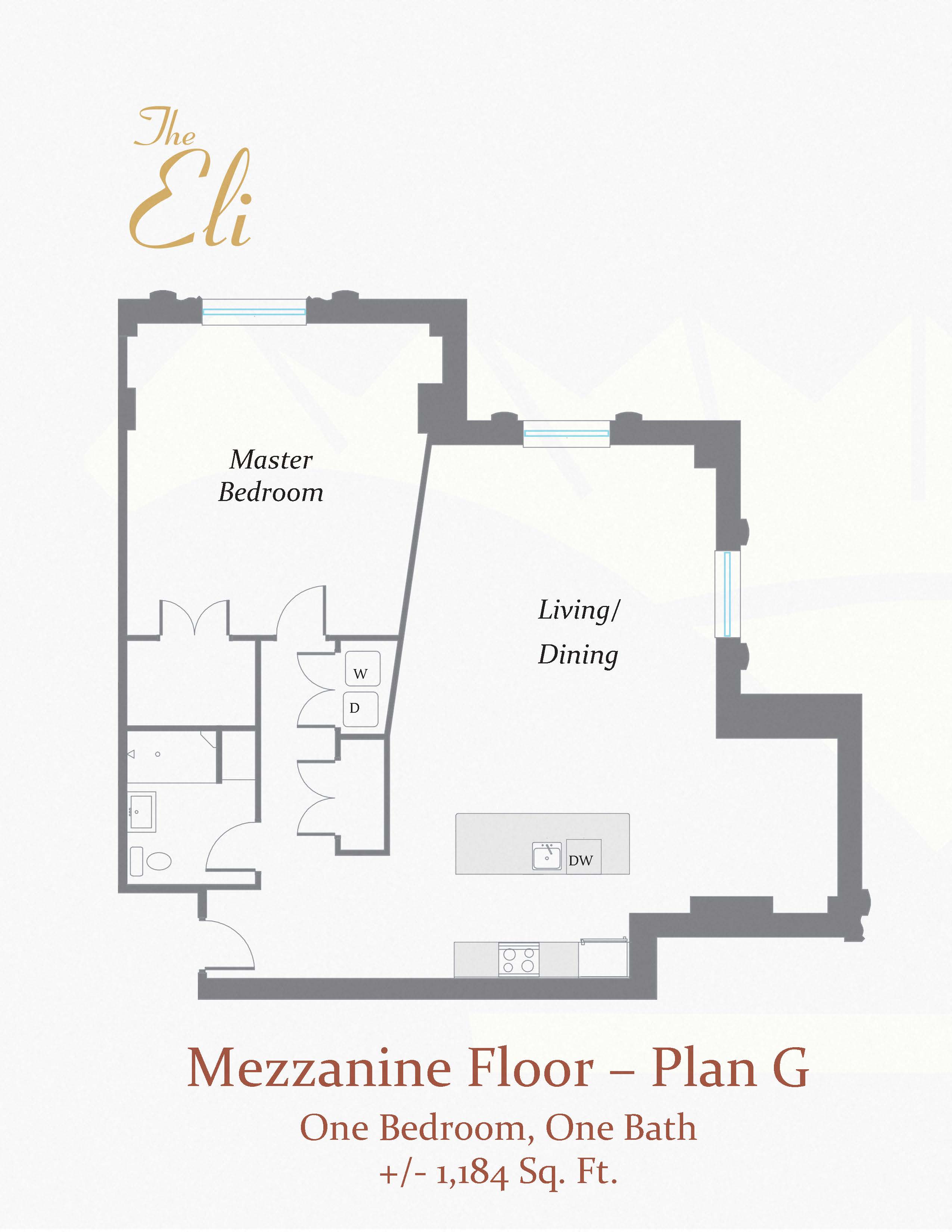 Floor plan for 1 bed, 1 bath, 1184 sqft